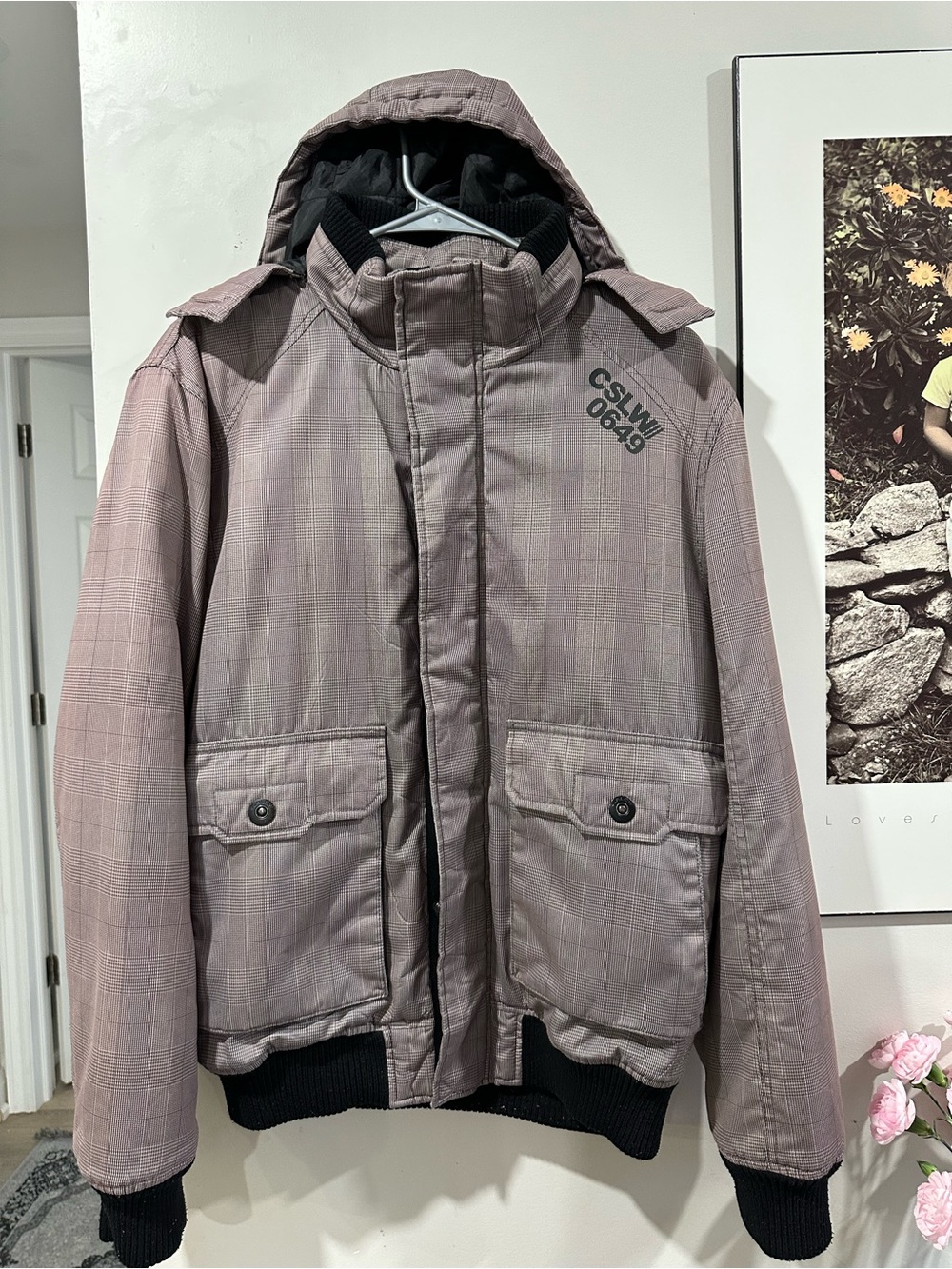 Men's Quilted Hooded Puffer Jacket in Mauve Plaid
